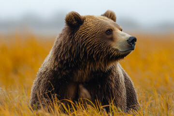 Obraz premium Grizzly Bear In Autumn Grassland During Rain