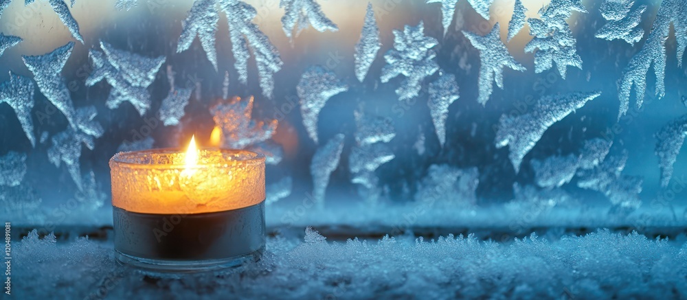 Aufkleber lit candle on snowy windowsill with frost patterns.
