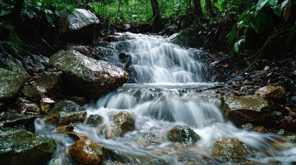 Fototapeta premium Jungle stream cascading over rocks, lush foliage background, nature serenity