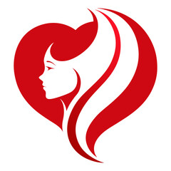 Skincare and Hair Logo Inspiration, Heart with Silhouette, Red and White, Feminine Icon, Minimalist Art, 2D Design, Beauty Branding, Elegant Logo, Creative, Simple Style
