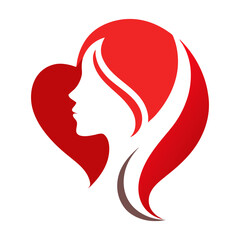 Red Heart Logo with Woman Silhouette, Beauty Parlour Branding, Feminine Style, White Background, Hair, Skincare, Minimalist Art, 2D Icon, Clean Design