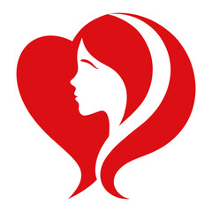 Red Heart Logo with Woman Silhouette, Beauty Parlour Branding, Feminine Style, White Background, Hair, Skincare, Minimalist Art, 2D Icon, Clean Design