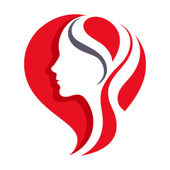 Red Heart Logo with Woman Silhouette, Beauty Parlour Branding, Feminine Style, White Background, Hair, Skincare, Minimalist Art, 2D Icon, Clean Design