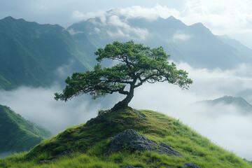 Obraz premium Solitary Tree Stands Proud Atop Misty Mountain Peak