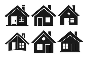 A collection of six simple, black silhouette icons of houses.