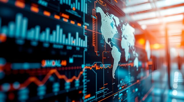 Close-up wallpaper depicting global business and modern technology, electric vivid colors, detailed focus