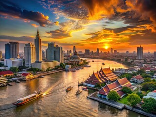 Fototapeta premium Bangkok Chaophraya River Panorama: Stunning Thailand Cityscape Aerial View