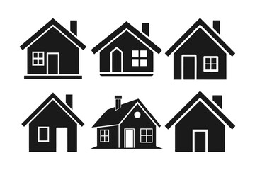 A collection of six simple, black silhouette icons of houses.