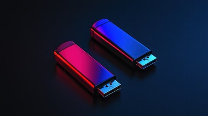 Dual USB drives, neon lighting, dark background, data storage