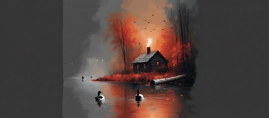 Serene Autumn Cabin: A Rustic Lakeside Painting