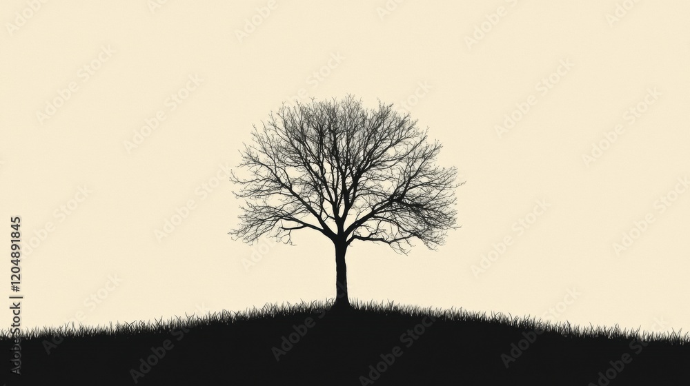 Poster silhouette of a barren tree on a grassy hill against a pale background during a calm twilight settin
