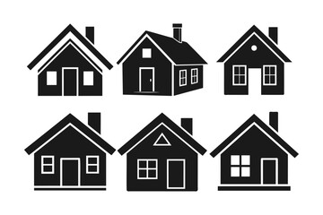 A collection of six simple, black silhouette icons of houses.