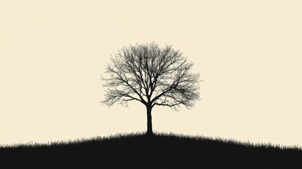 Obraz premium Silhouette of a barren tree on a grassy hill against a pale background during a calm twilight setting. Generative AI