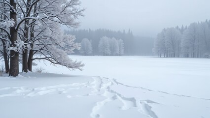 Obraz premium A serene snow-covered field stretches to distant tree-lined horizons. Snowy ground with gentle tracks leads into a cluster of trees to the left, inviting exploration amidst winter's calm beauty