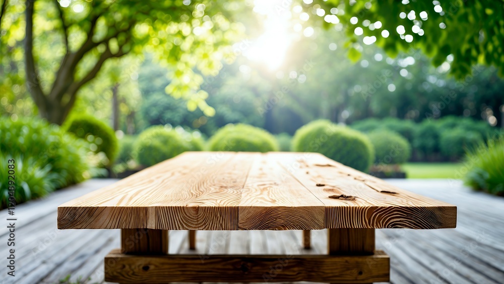 Poster empty wooden table with garden bokeh for a catering or food background with a country outdoor theme,