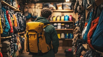 Man Browsing Backpacks In An Outdoor Gear Store