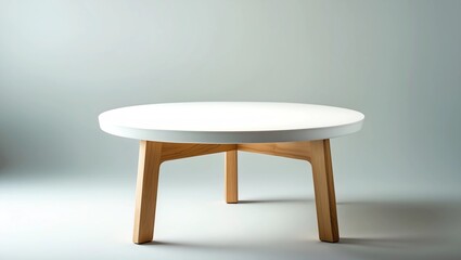 Empty modern round white table top at white house wall,Mock up space for display or montage of product 