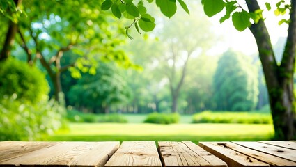 Obraz premium Empty wooden table with garden bokeh for a catering or food background with a country outdoor theme,Template mock up for display of product