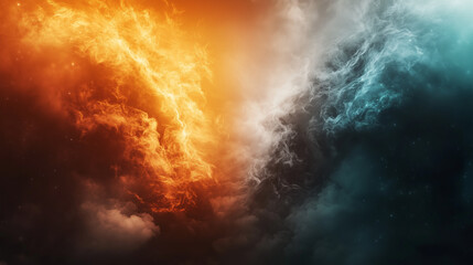 Epic cosmic nebula storm in deep space with dramatic orange and blue nebula on either side. The center of the universe remains empty, showcasing the contrasting dark red and orange hues on one side an