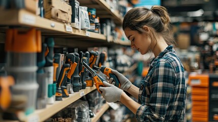 Woman examining power tools in hardware store