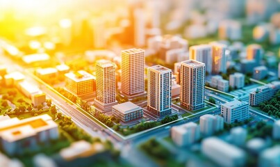 Miniature city model at sunrise, urban planning concept