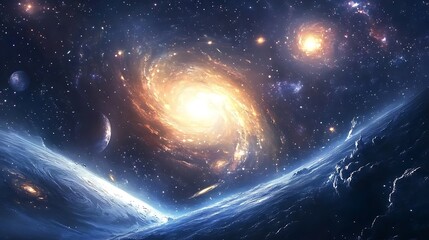 A Distant View of a Spiral Galaxy and Planets in a Starry Night Sky