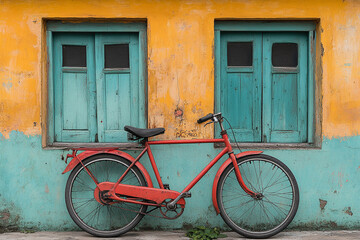 Red Bicycle Leaned Against Old Building With Teal Doors