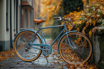 Fototapeta premium A vintage blue bicycle rests on an autumnal street