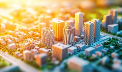 Miniature city skyline at sunrise, ideal for urban planning or development concepts