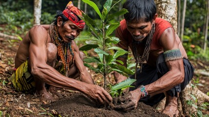 Indigenous men planting sapling in rainforest
