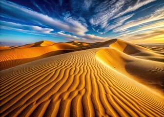 Naklejka premium Closeup Desert Sand Dunes, Arid Landscape Photography, High-Resolution Image, Dune Texture, Sahara Desert, Desert Background