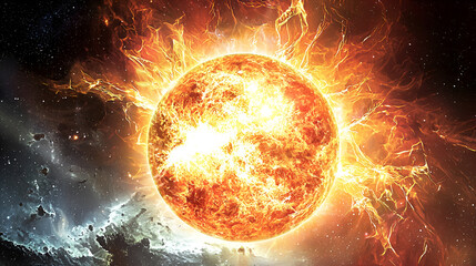 Fototapeta premium Fiery star explodes in cosmic nebula; space background, science fiction art