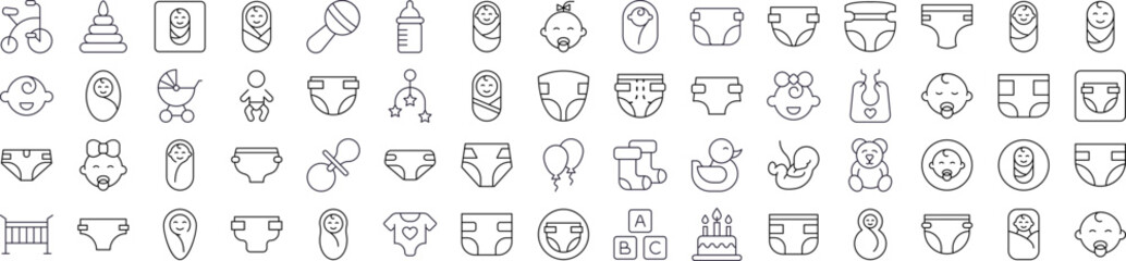 Set of Family, Baby, Diapers Related Line Icons. Outline Signs for Graphic and Web Design, Apps, Adverts, Various Cards
