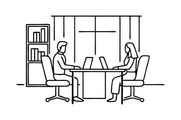 Business man and woman employee meeting at office Hand Drawn Continuous Line art flat vector illustration.