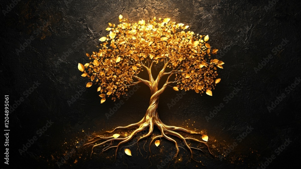 Poster golden tree with shimmering leaves and roots on dark background for artistic projects