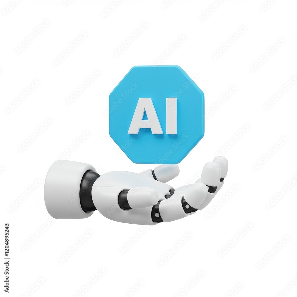 Poster a 3d illustration of a white robotic hand reaching out, holding a blue hexagonal icon with ai text s
