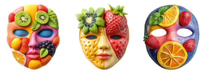 Colorful Fruit Masks Isolated on a Transparent Background