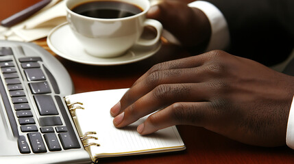 A man is typing on a laptop while holding a cup of coffee