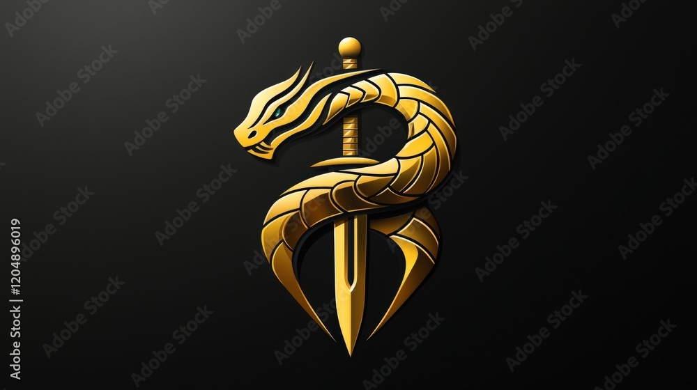 Poster golden snake and sword emblem design for creative projects or branding concepts