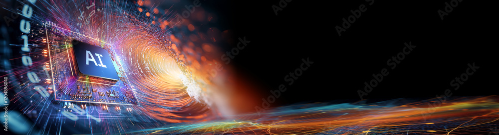 Poster ai word on microchip and colorful light spread on wave like digital tunnel , ai concept with copyspa