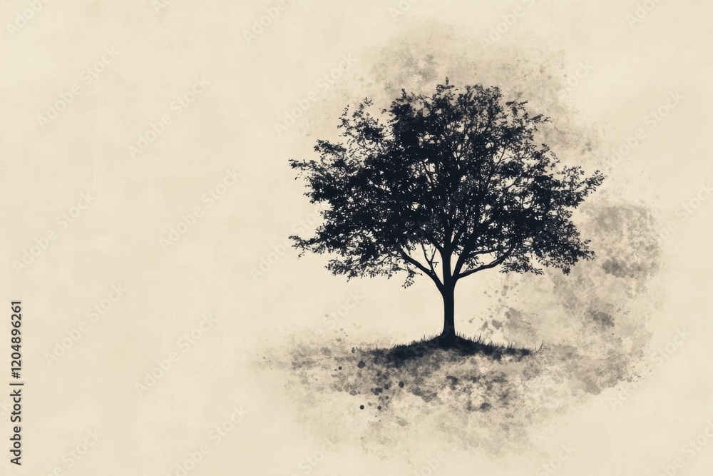 Poster solitary tree stands against a faded background in a calm and serene natural setting during daylight