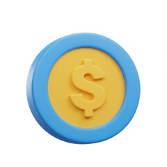 Obraz premium A 3D illustration of a yellow coin with a dollar sign embossed in the center surrounded by a blue circular border isolated on a white background.