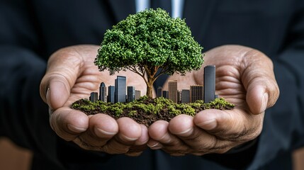 Hands Holding Tree and Cityscape Concept of Sustainability