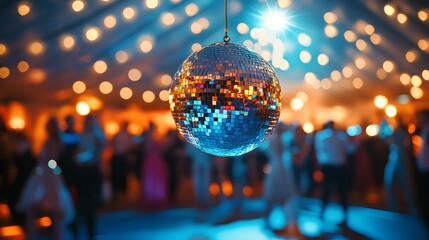 A disco ball hangs in a festive party atmosphere. Blurry figures dance in the background, illuminated by warm string lights. Perfect for event, party, or celebration themes.