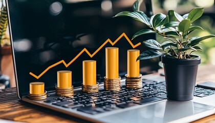 Growth Concept with Plant and Financial Graph on Laptop