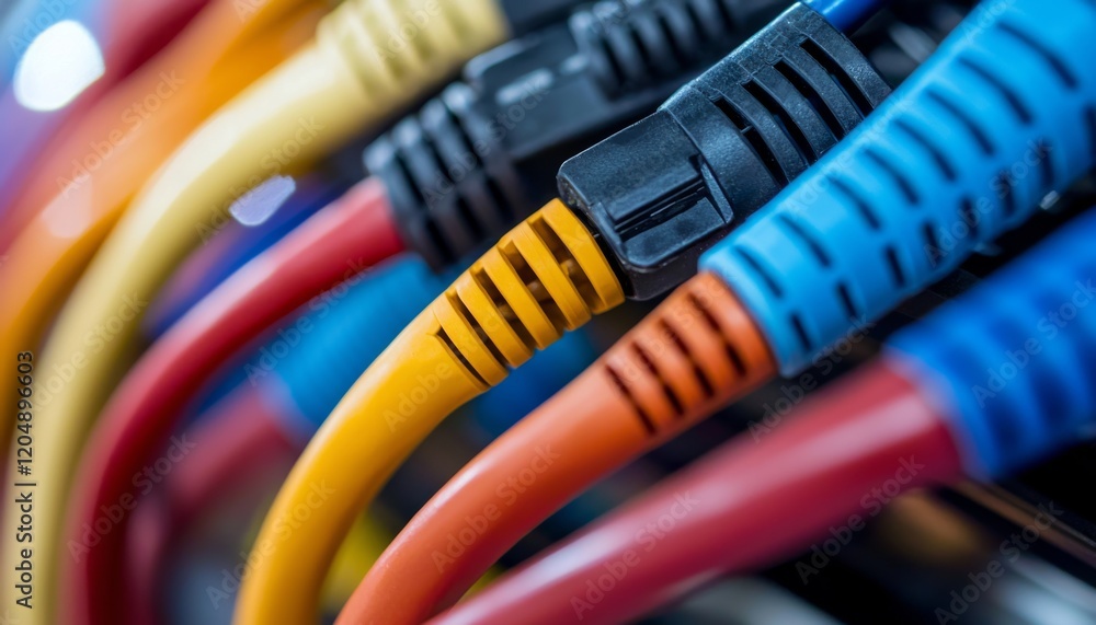 Poster close-up of well-organized internet wires, featuring a spectrum of colors that create a visually app