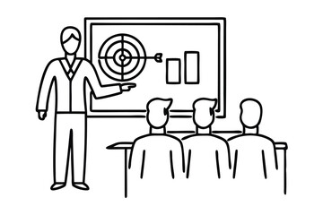  Business manager showing target to employees, team business goal concept Hand Drawn Continuous Line art flat vector illustration.