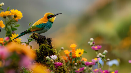 Obraz premium Colorful Bee-eater on Mossy Branch: Vibrant Plumage and Serene Natural Backdrop