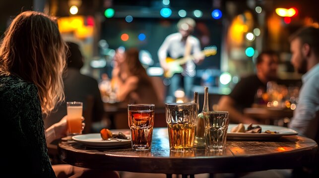 A woman sits alone at a table in a dimly lit bar, enjoying a drink. A band plays in the background, their performance blurred but visible. The atmosphere is relaxed and intimate.
