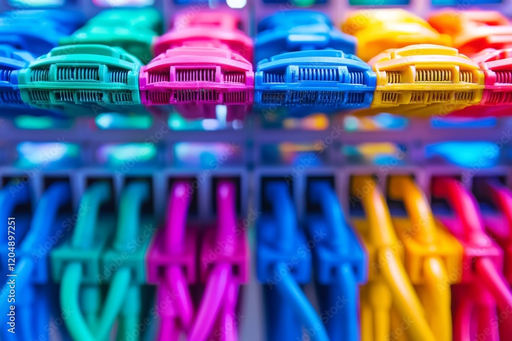 Poster close-up of well-organized internet wires, featuring a spectrum of colors that create a visually app